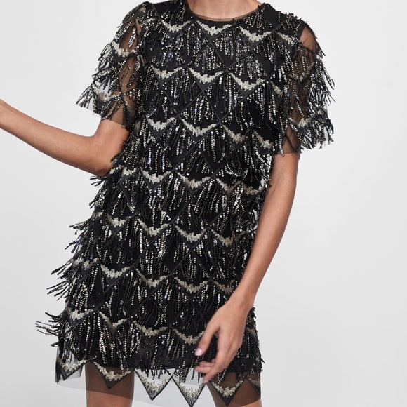 zara sequin black dress